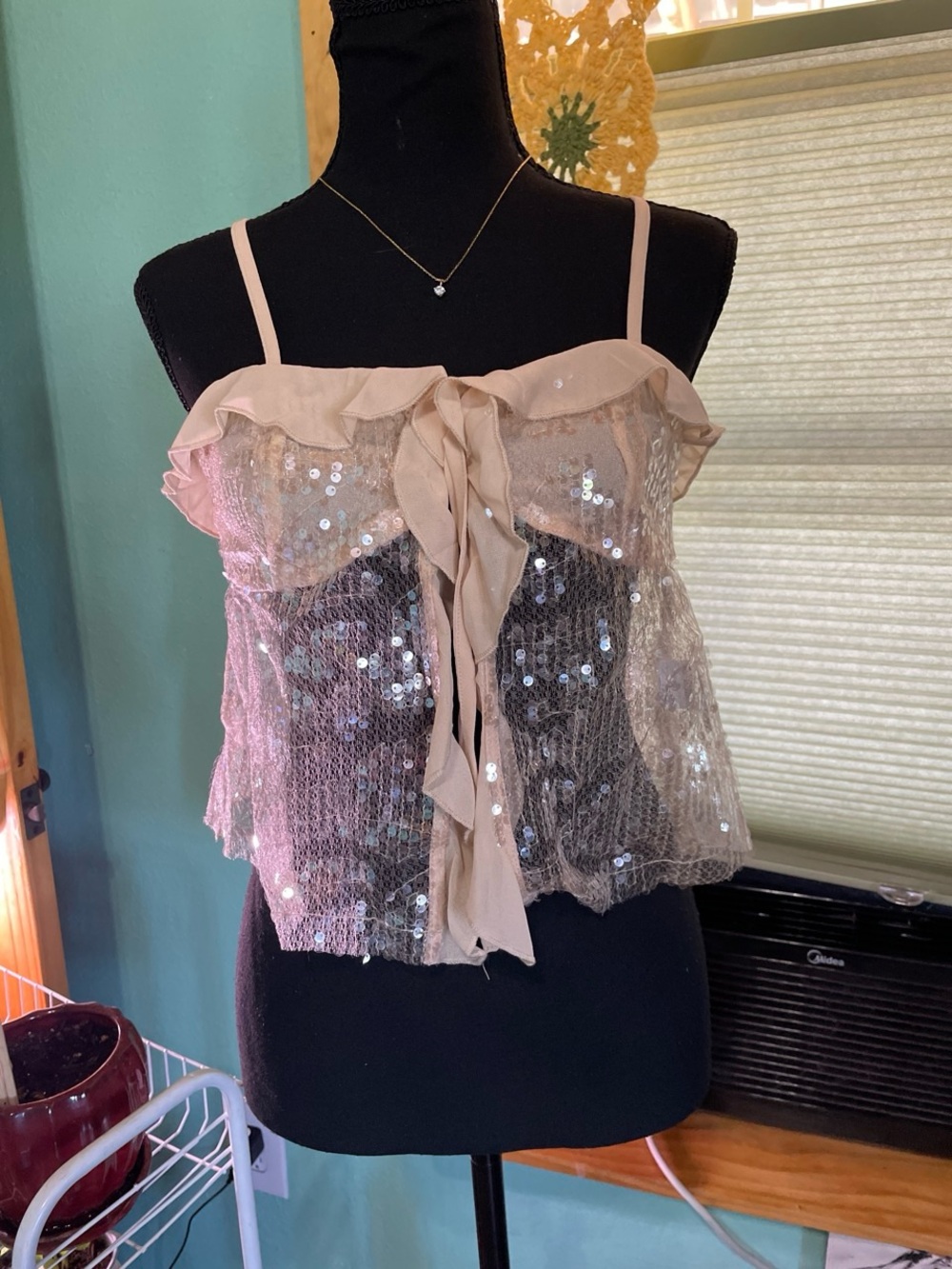 Sequin Ruffle Cami Tank Top in Light Blush